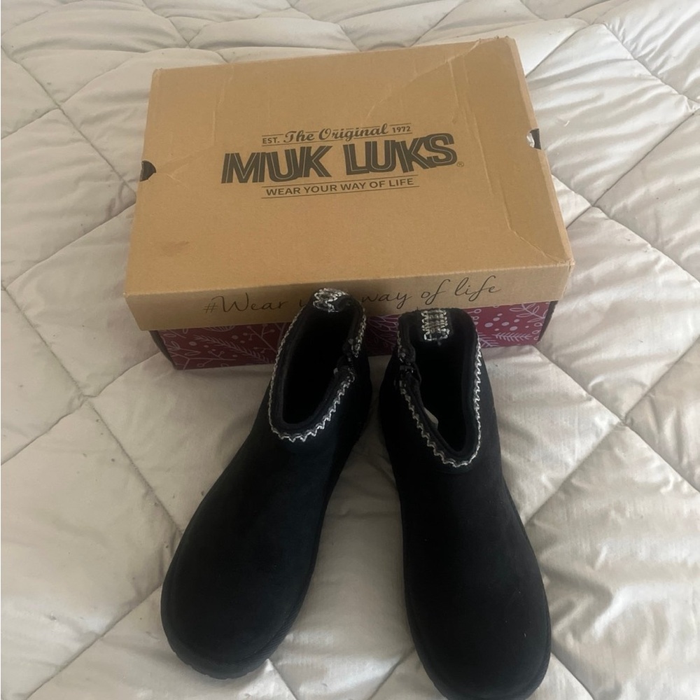 Muk Luks Black Suede-Look Slip-On Ankle Boots with Contrast Trim